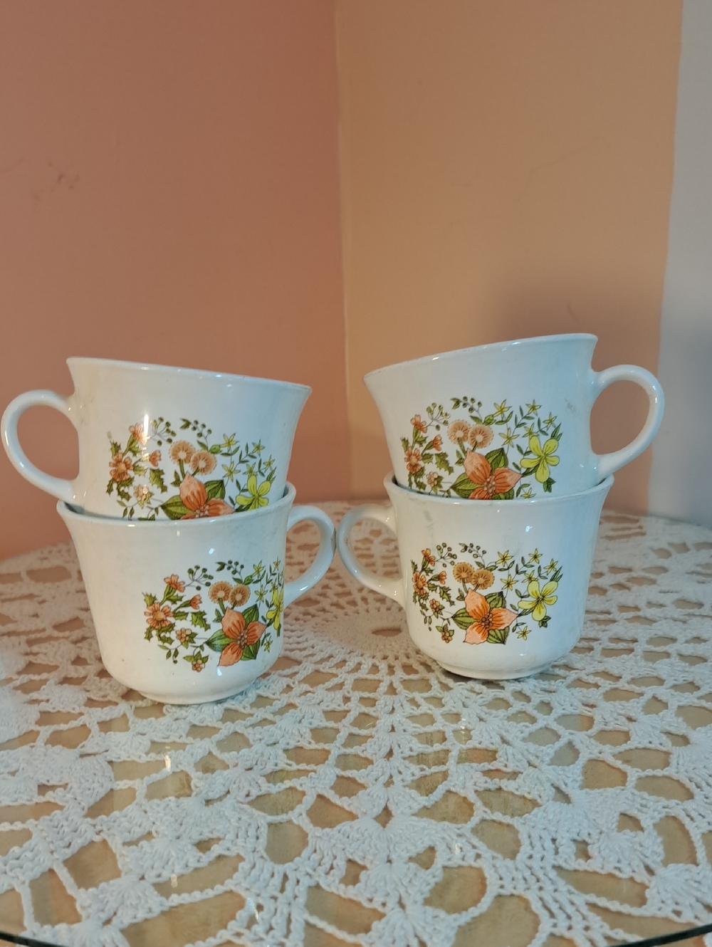 Classic White Ceramic Mugs with Orange & Yellow Floral Motif - Set of 4